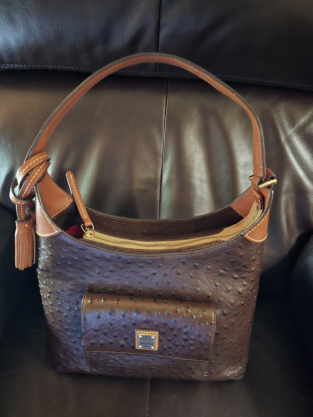 Dooney and Bourke Brown Ostrich Shoulder Bag with Tassel Accent